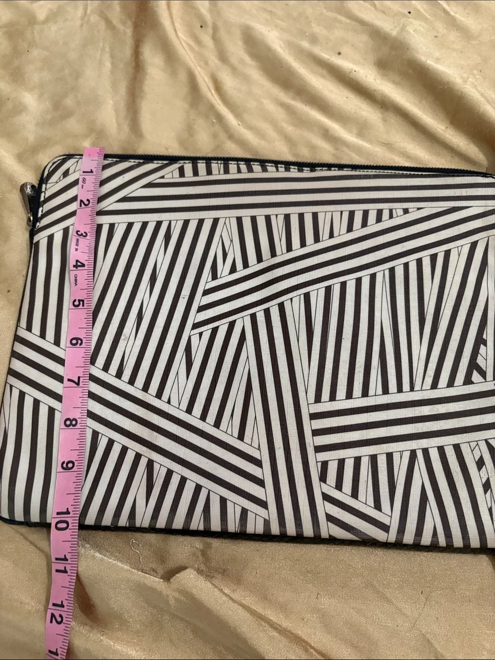 Vintage Henri Bendel Black & White Striped Zip Pouch with Blue and Yellow Stripe